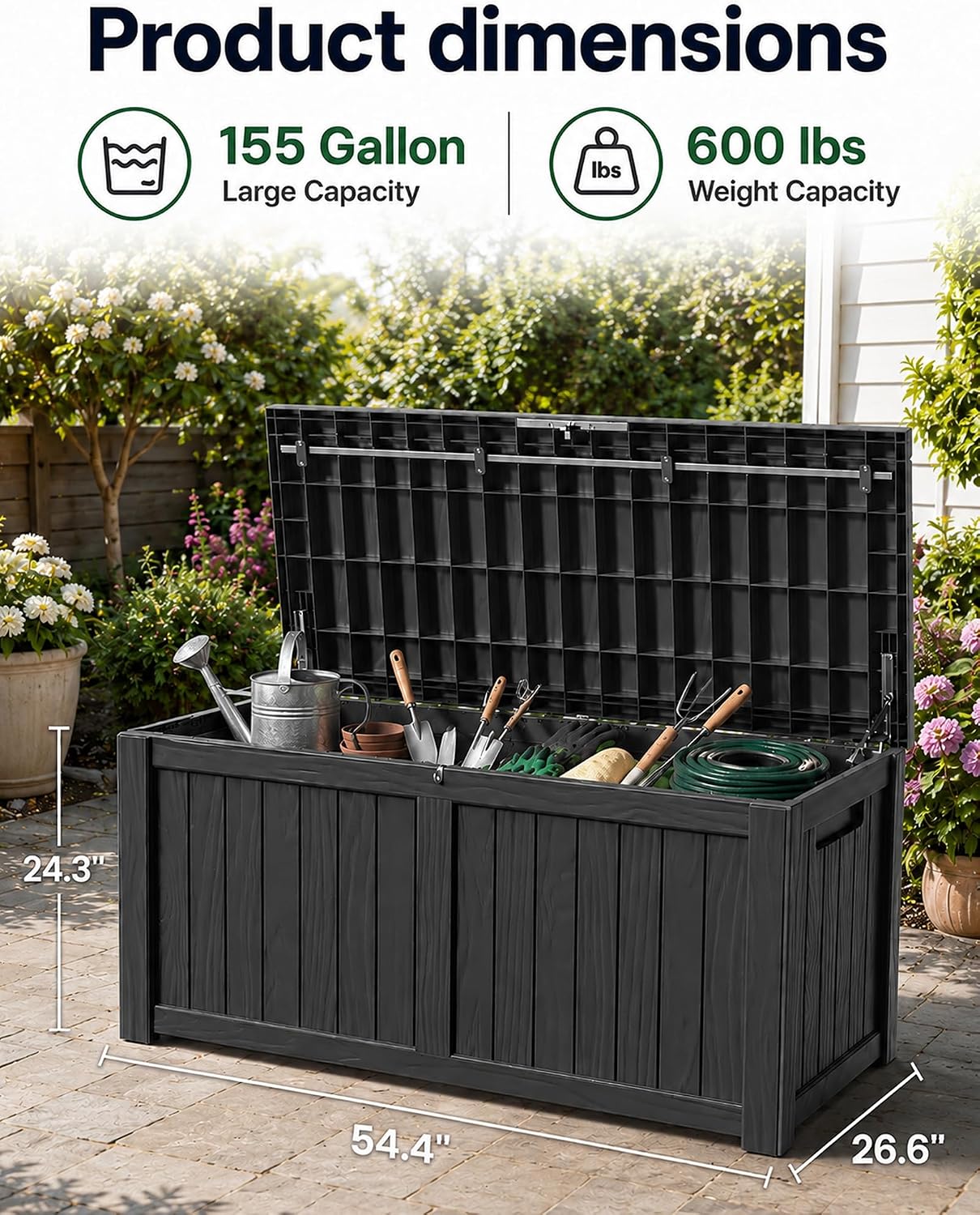 155 Gallon Waterproof Outdoor Storage Box, Large Lockable Deck Box, Indoor Outdoor Resin Storage Bench with Hydraulic Rod for Patio Furniture/Cushions/Garden Tools/Backyard/Pool Accessories, Black