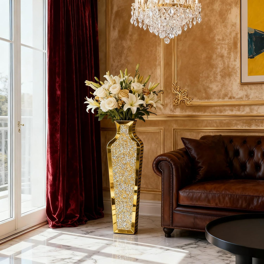 SHYFOY Gold Crushed Diamond Floor Vase, Large Mirrored Tall Vases for Floor, Modern Glass Decorative Vases for Living Room Bedroom Home Corner Indoor Office, 26.8" Tall