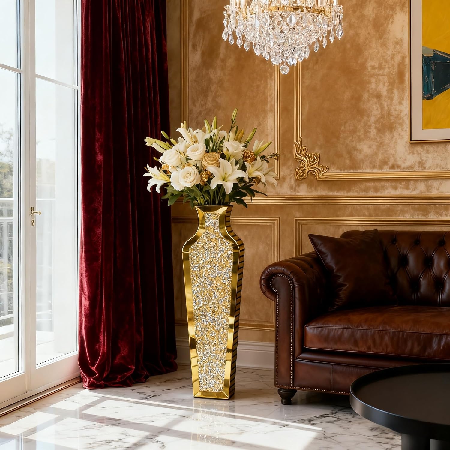 SHYFOY Gold Crushed Diamond Floor Vase, Large Mirrored Tall Vases for Floor, Modern Glass Decorative Vases for Living Room Bedroom Home Corner Indoor Office, 26.8" Tall