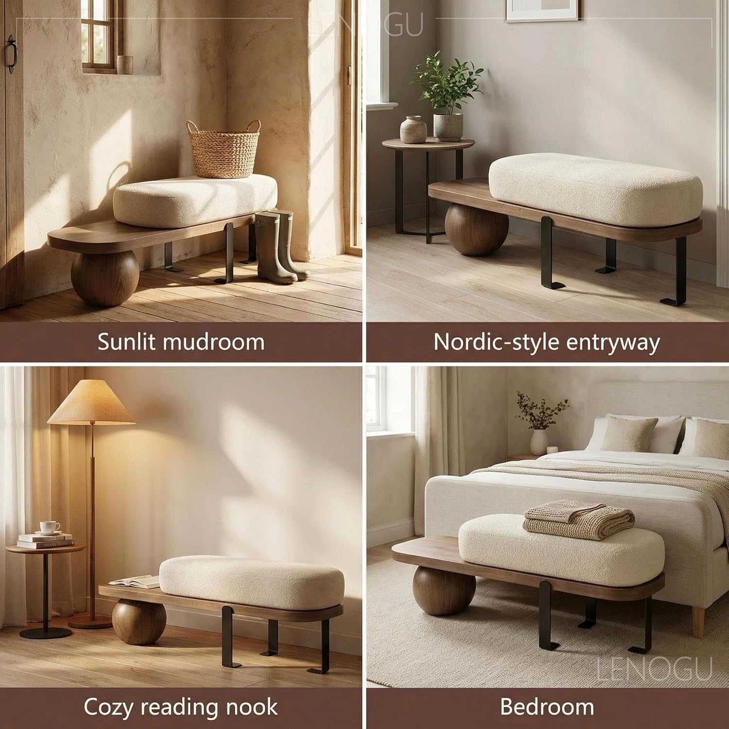 Modern Entryway Bench with Abstract Metal Leg,Wooden Boucle Bench,Upholstered End of Bed Bench,Shoe Changing Bench for Entryway Livingroom Bedroom (140cm/55)