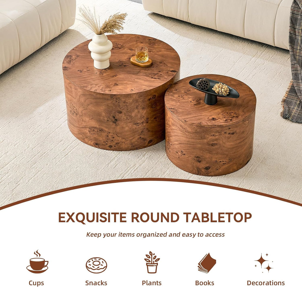 Round Nesting Coffee Tables Set of 2,Modern Coffee Table with Burl Wood Grain Finish, Round Center Table Side End Table with Storage for Living Room Office (24.8in+17.3in),Brown