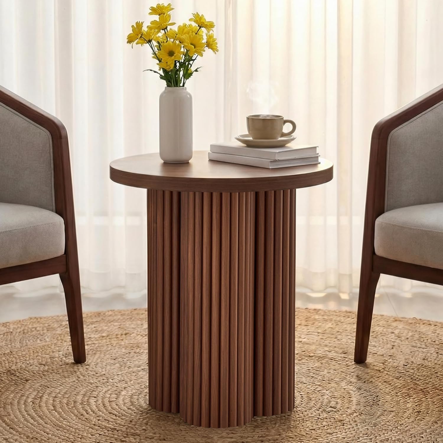 Round Fluted End Table, 17.7'' Mid Century Modern Side Table, Circle Bedside Tables Drink Table Wood Nightstand for Small Spaces, Living Room (Walnut-1PCS)