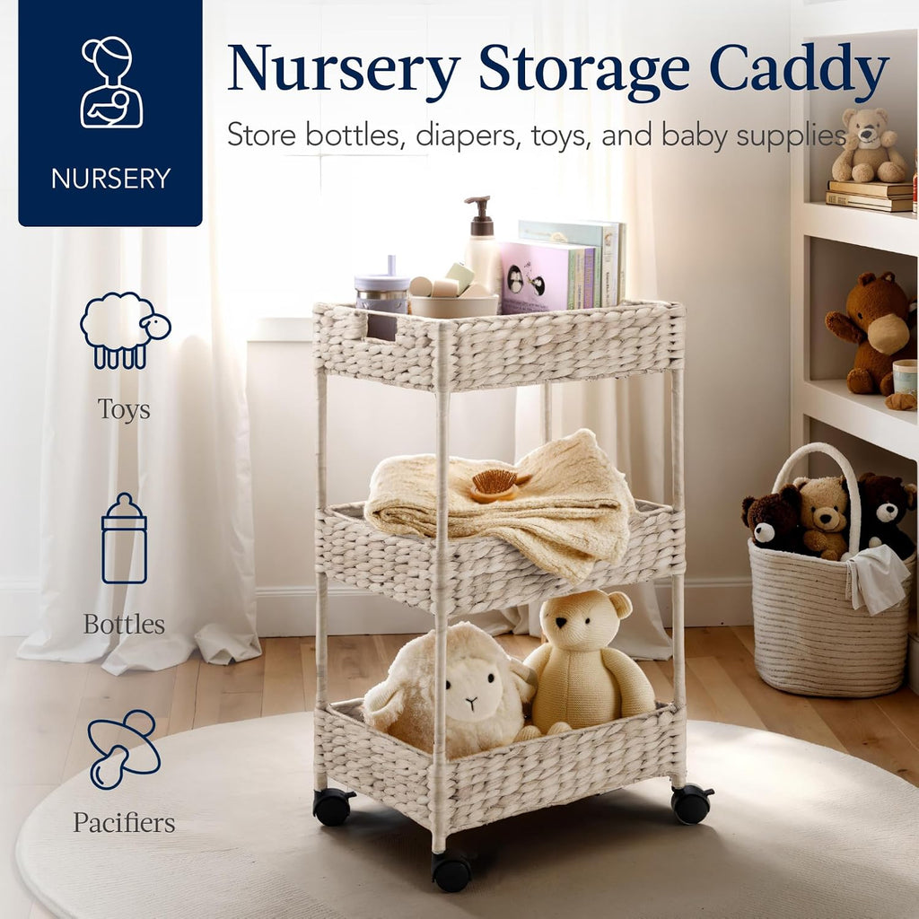 Best Choice Products 3-Tier Water Hyacinth Rolling Nursery Caddy w/Wheels, Utility Cart, Storage Organization for Bathroom, Craft Room, Laundry Room - Whitewash