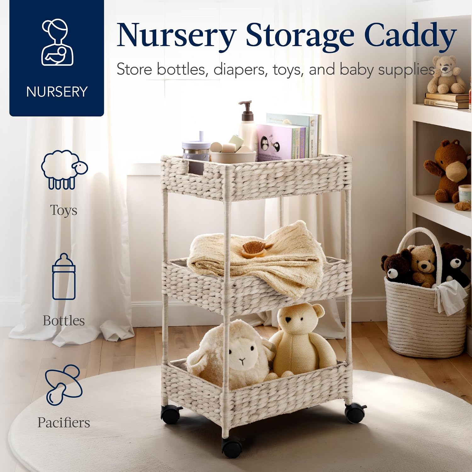 Best Choice Products 3-Tier Water Hyacinth Rolling Nursery Caddy w/Wheels, Utility Cart, Storage Organization for Bathroom, Craft Room, Laundry Room - Whitewash