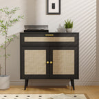 Furnify Rattan Sideboard Buffet, Boho Kitchen Cabinet with Drawer & 2 Doors, Modern Mid Century Accent Cabinet with Adjustable Shelf, Coffee Bar for Living Room, Entryway, Kitchen, Black