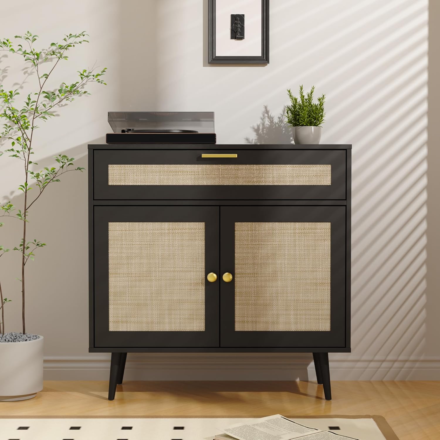 Furnify Rattan Sideboard Buffet, Boho Kitchen Cabinet with Drawer & 2 Doors, Modern Mid Century Accent Cabinet with Adjustable Shelf, Coffee Bar for Living Room, Entryway, Kitchen, Black