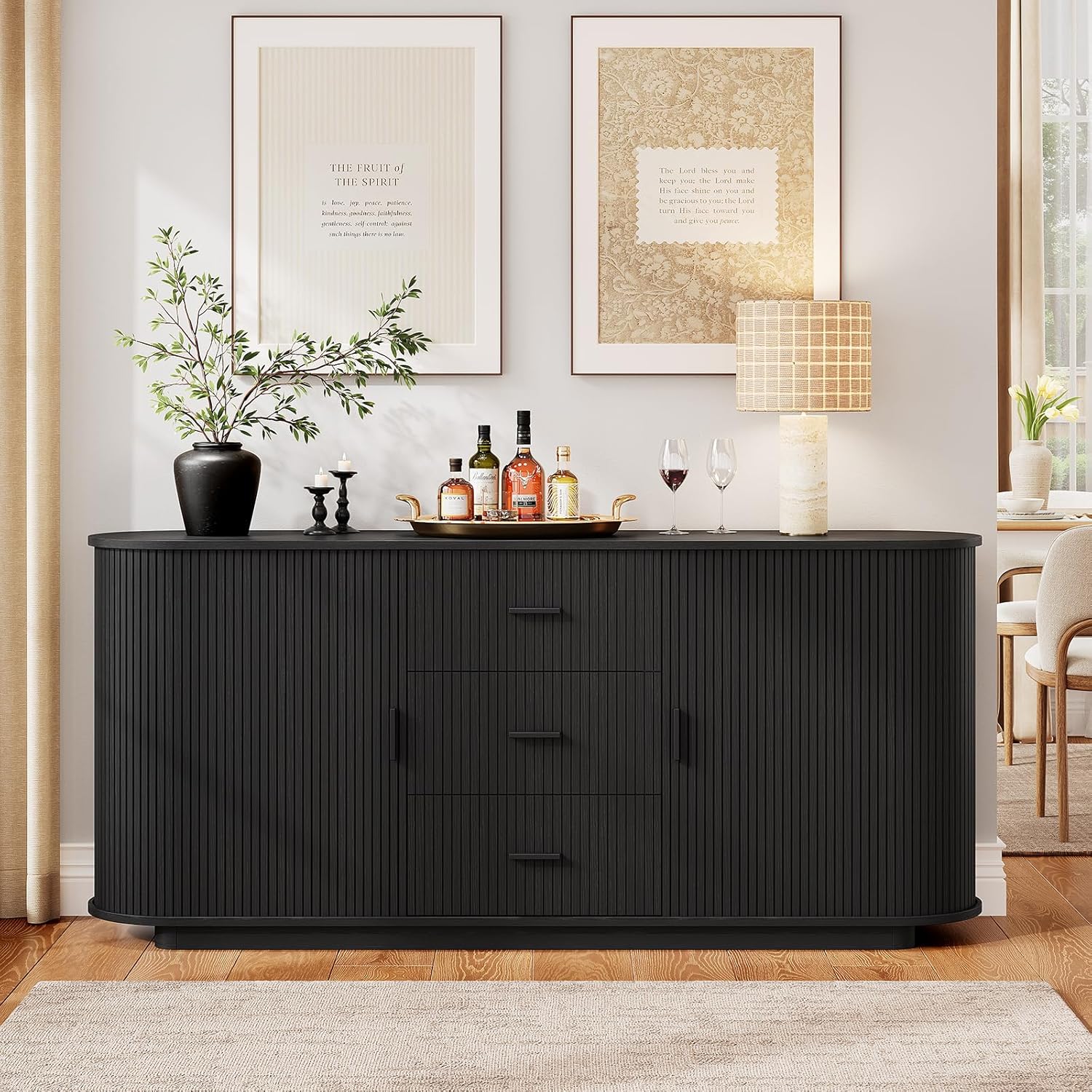 ONBRILL 63" Fluted Sideboard Buffet Cabinet with 3 Drawers & 2 Doors, Mid-Century Modern Buffet Sideboard Cabinet with Storage, Coffee Bar Table with Adjustable Shelf for Kitchen, Living Room, Black