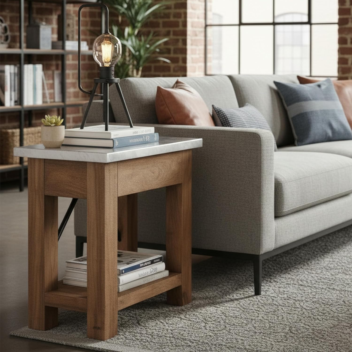 Millwork End Table with Steel Top – Rustic Industrial Narrow Side Table with Lower Shelf and Crossbar Accent – Small Space Accent Table for Living Room, Bedroom, Office by Alaterre Furniture
