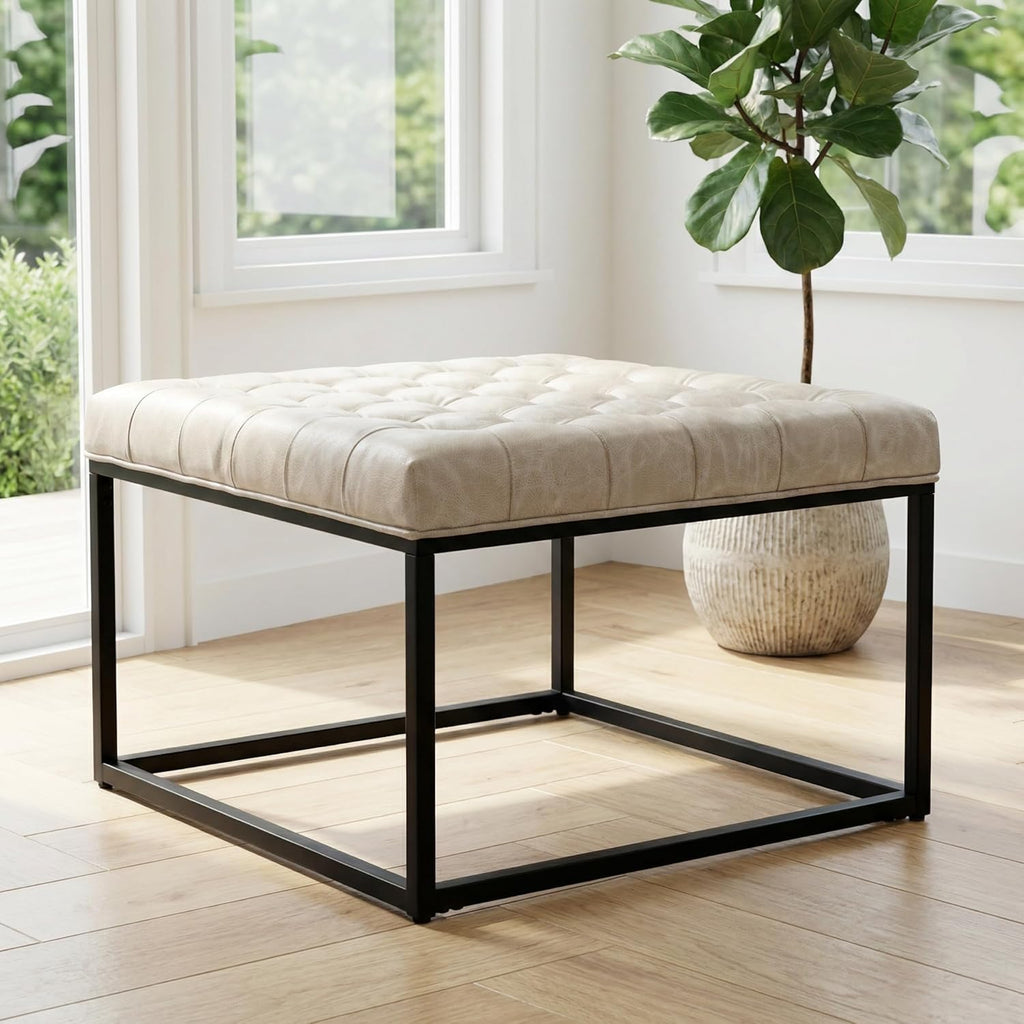 28" Square Ottoman, Faux Leahter Coffee Table for Living Room, Tufted Footrest with Metal Base, Mid Century Footstool for Couch, Small Vintage Ottoman for Apartment, Bedroom, Office, Ivory