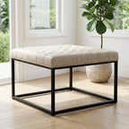 28" Square Ottoman, Faux Leahter Coffee Table for Living Room, Tufted Footrest with Metal Base, Mid Century Footstool for Couch, Small Vintage Ottoman for Apartment, Bedroom, Office, Ivory