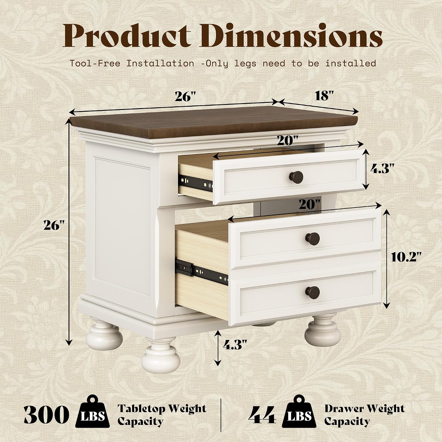 AMERLIFE Fully Assembled Nightstands Set of 2, Solid Wood End Tables | 26" Extra Large Beside Table with 2 Storage Drawers, Traditional Bedside Cabinet for Bedroom, White