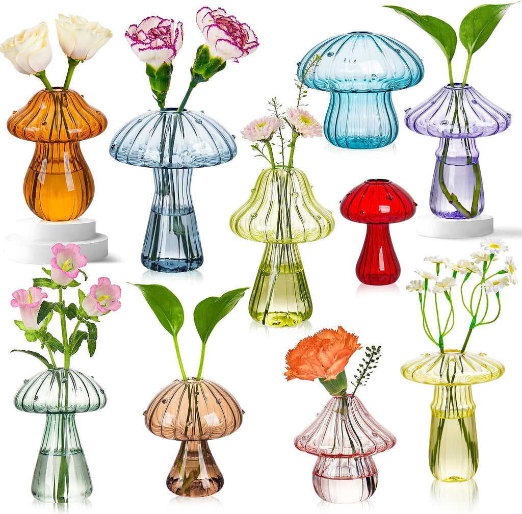 Mushroom Vase, Set of 10 Colored Flower Vase, Propagation Stations Vases, Small Bud Vases Home Decor Cute Glass Mushroom Planter for Room Office Decoration (10Pcs Colorful)