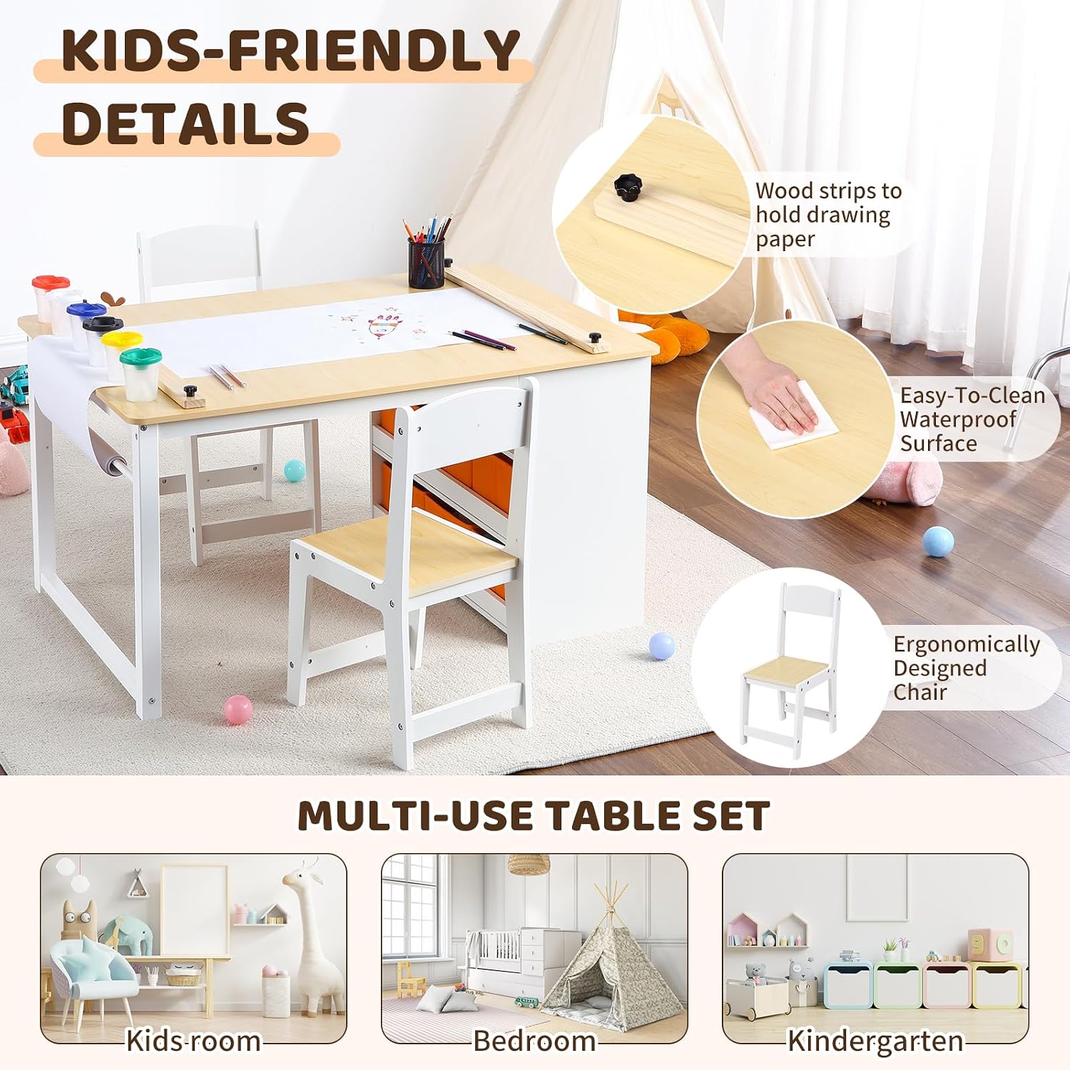 Garvee 4 in 1 Kids Art Table and Chair Set, Toddler Craft Table with Large Storage Drawers & Portable Art Organizer, Wooden Drawing Desk for Children, Activity Desk, Home Study Table & Toy Station