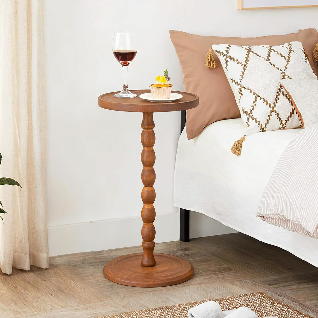 Round Side Table, Rubberwood Small Drink Table, Solid Wood Coffee Table with Pedestal Accent for Small Spaces in Living Room, Bedroom, Sofa Couch, Corners (Brown, Round)