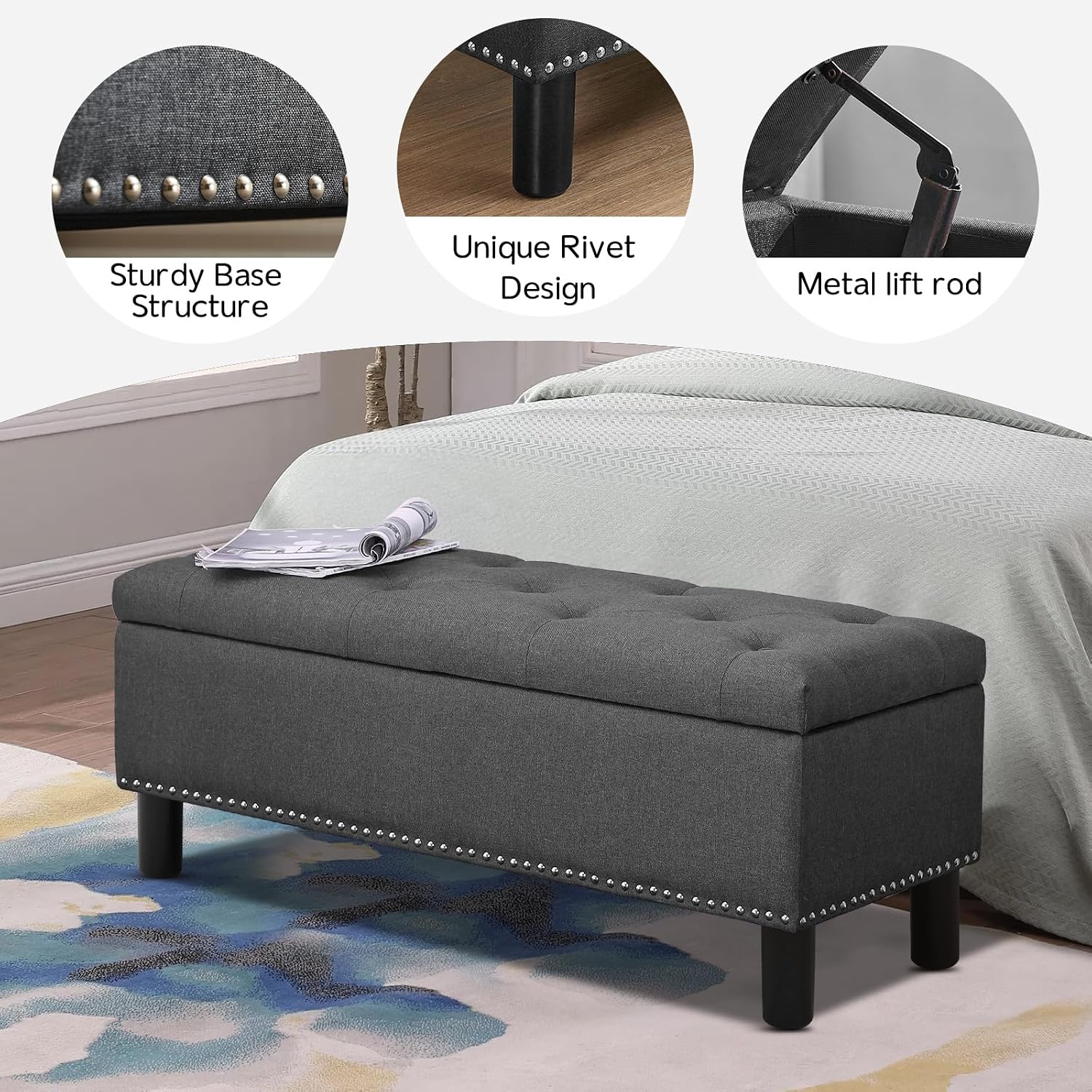 Furniliving 42" Ottoman with Storage, End of Bed Bench with Button-Tufted Large Upholstered Ottoman Entryway Bench Storage Bench for Bedroom, Living Room, Linen, Grey