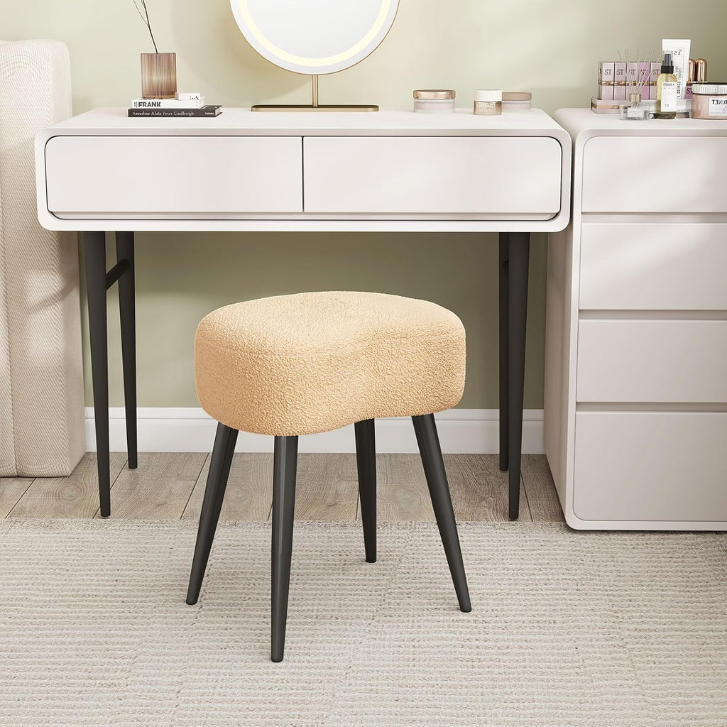 Teddy Velvet Vanity Stool, Upholstered Makeup Chair with Sturdy Metal Legs, Soft Padded Ottoman Footrest, Modern Accent Stool for Bedroom, Living Room, Entryway (Camel, 17.7in H)