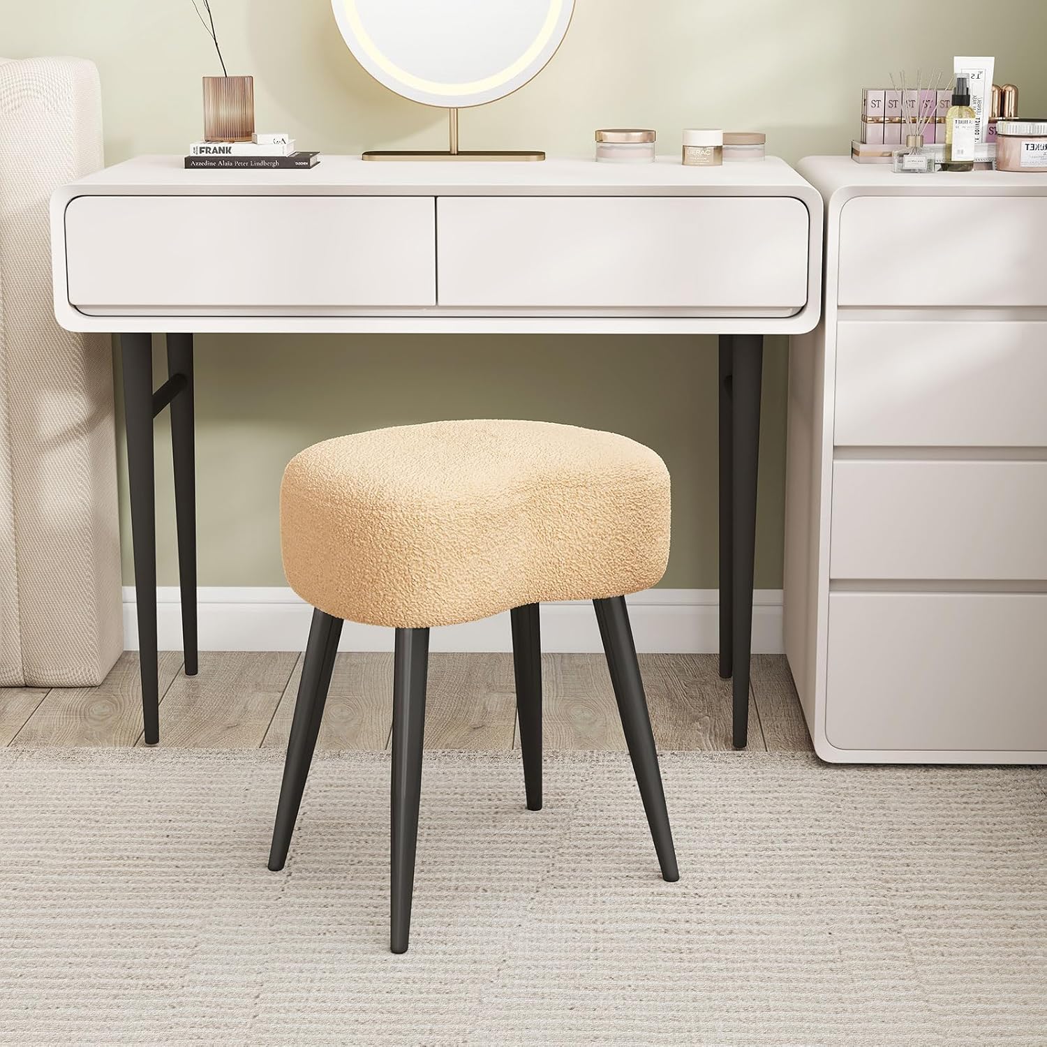 Teddy Velvet Vanity Stool, Upholstered Makeup Chair with Sturdy Metal Legs, Soft Padded Ottoman Footrest, Modern Accent Stool for Bedroom, Living Room, Entryway (Camel, 17.7in H)