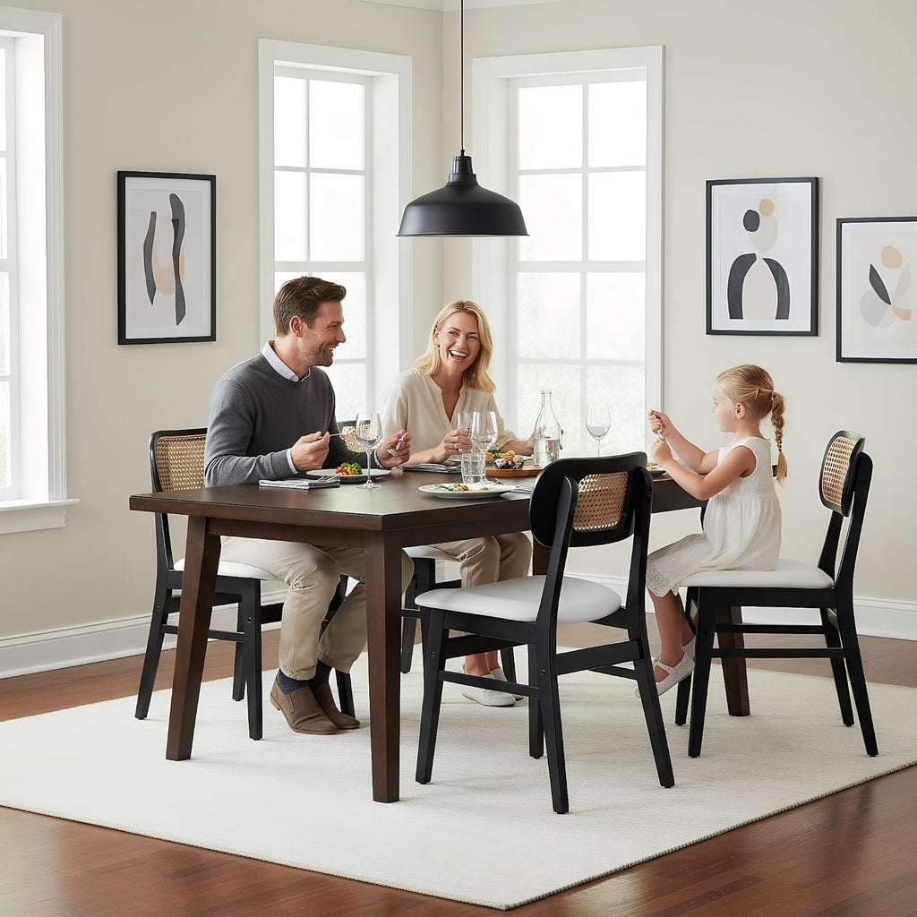 ROCITY Rattan Dining Chairs Set of 6 Black Wooden Dining Room Chairs White Faux Leather Kitchen Chairs with Back Farmhouse Side Chairs, Natural Wood