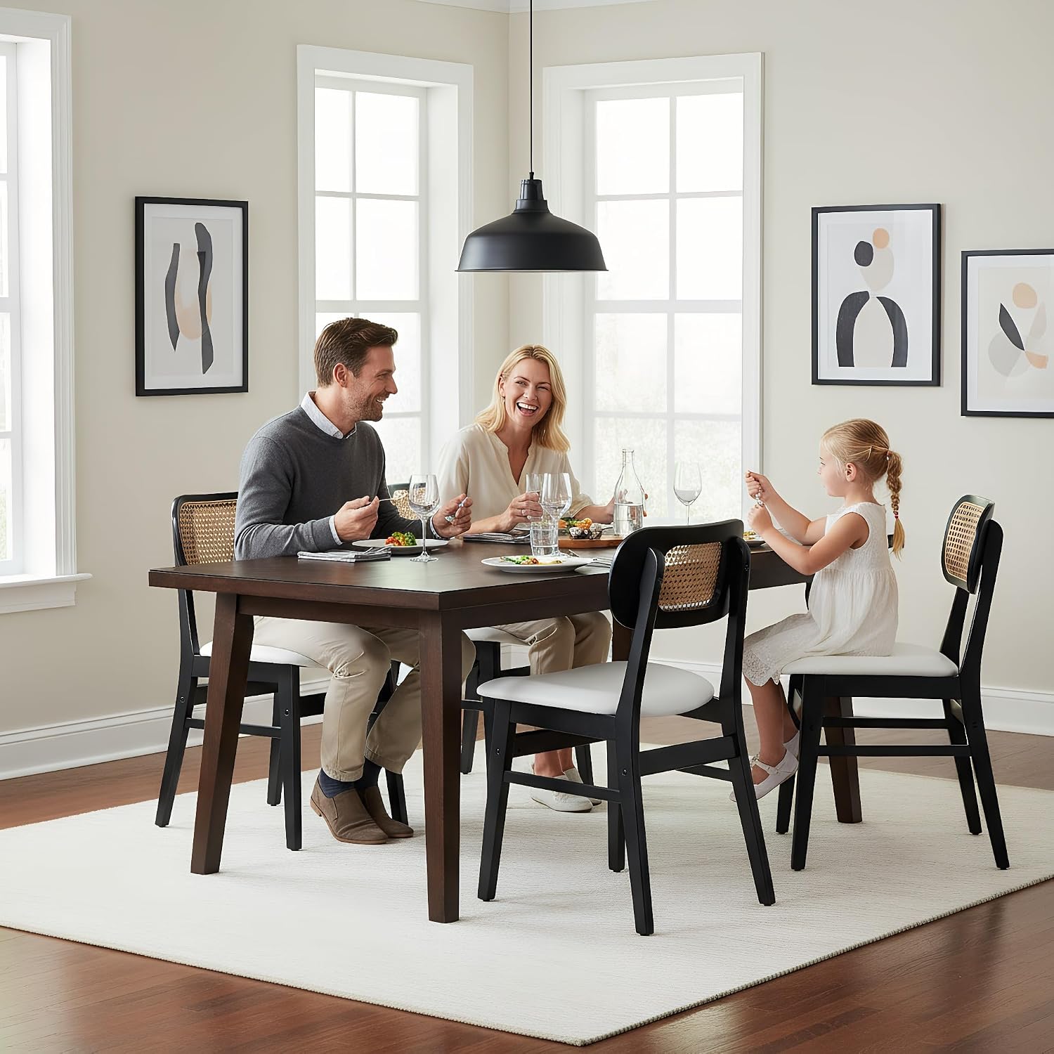 ROCITY Rattan Dining Chairs Set of 6 Black Wooden Dining Room Chairs White Faux Leather Kitchen Chairs with Back Farmhouse Side Chairs, Natural Wood