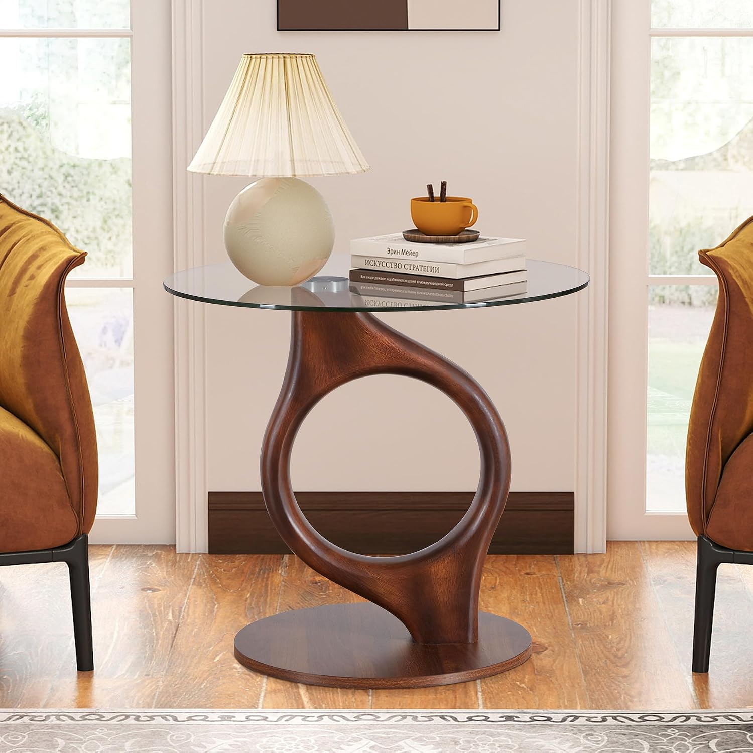 27.5” Large Glass End Table, Round Side Tables with Tempered Glass Tabletop, Modern Night Stand Sofa Table, Small Coffee Table with Wooden Base for Living Room Office Bedroom, Walnut