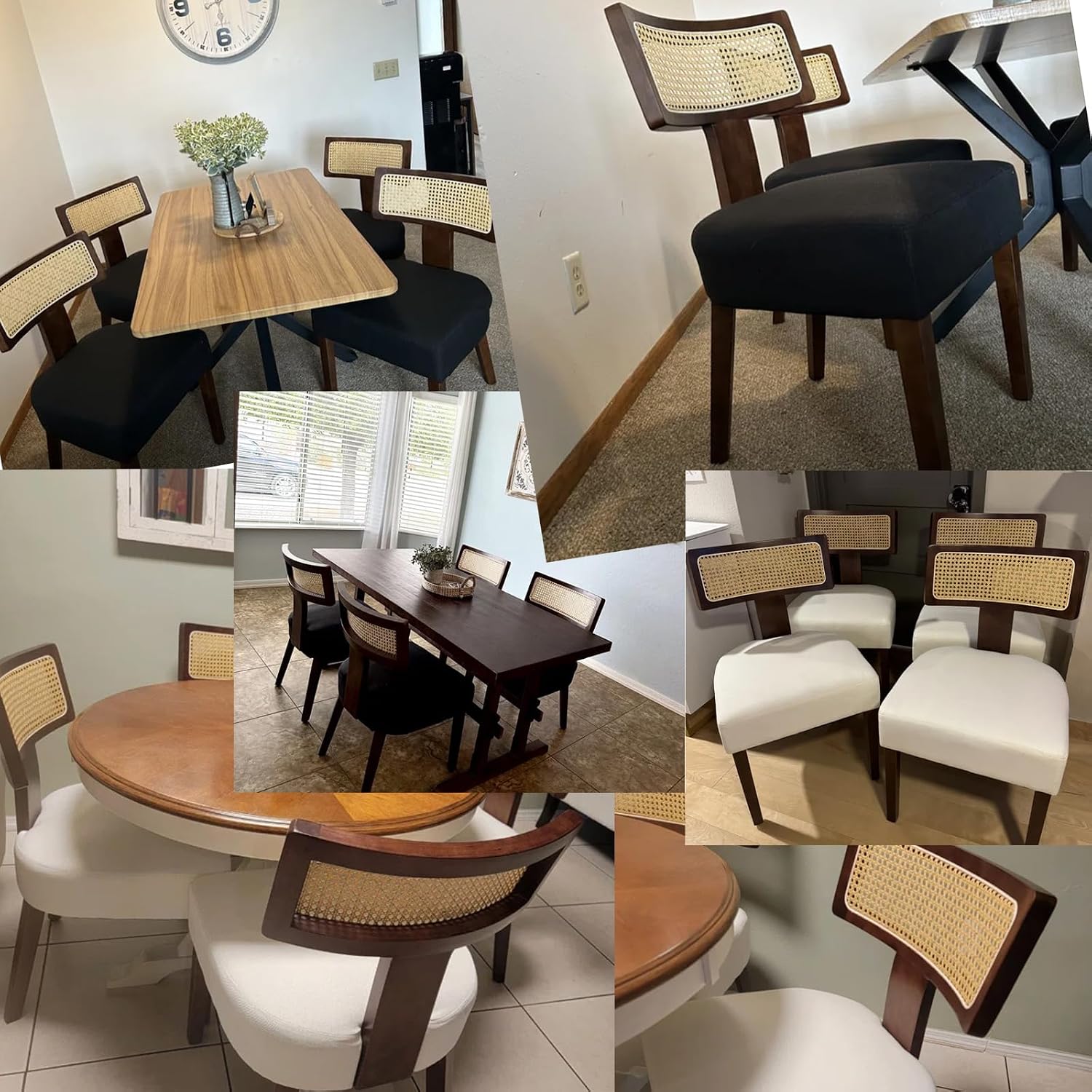 Farmhouse Rattan Dining Chairs Set of 2, Upholstered Modern Dining Room Chairs with Curved Cane Back, Black Wood Frame Armless Side Chair for Kitchen (Beige Fabric)
