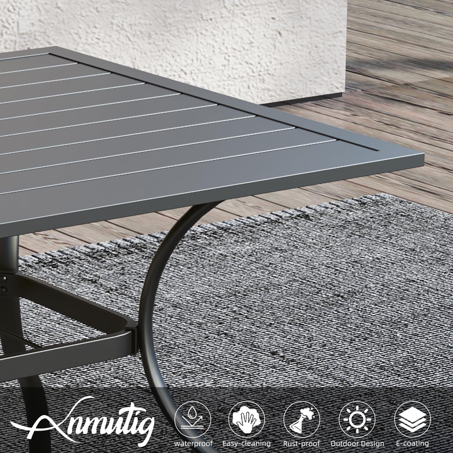 63"x38" Rectangle Outdoor Patio Dining Table with Umbrella Hole - 6 Person | 63" x 38" x 28" Rectangle Table, Slat Table Top, Black, Metal Top and Frame, 1.57"-1.9" Adjustable Umbrella Hole, All Weather