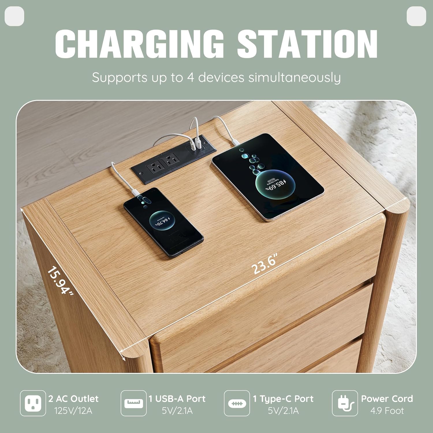 25" Tall Modern Nightstand Set of 2, 23.6" W Night Stand with Charging Station & 3 Handleless Storage Drawers, Wood Nightstands w/Rounded Corner Design for Bedroom (Natural)