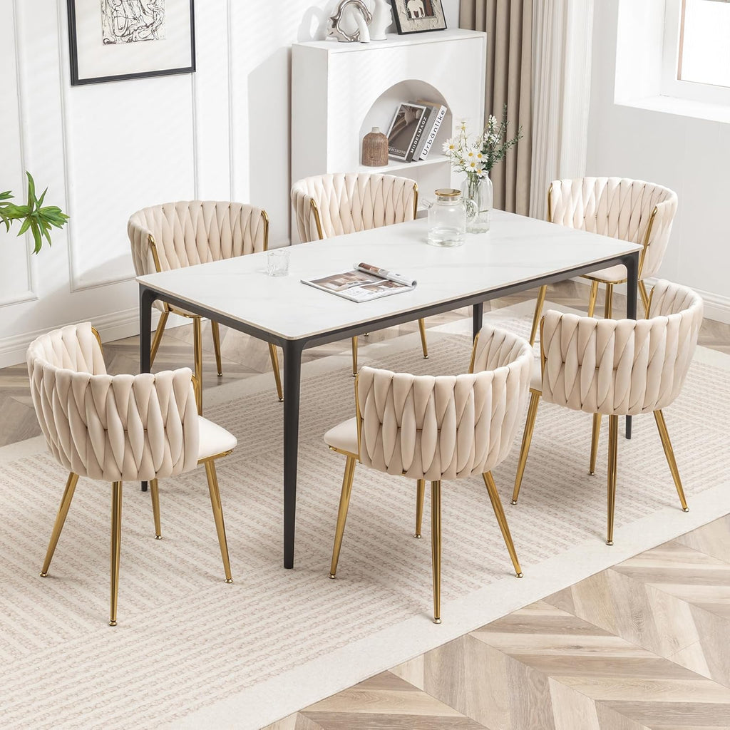 Dining Chairs Set of 6 Upholstered Dining Room Chairs Comfy Velvet Accent Chairs with Gold Metal Legs and Woven Back for Dining Room Kitchen Living Room (Beige)