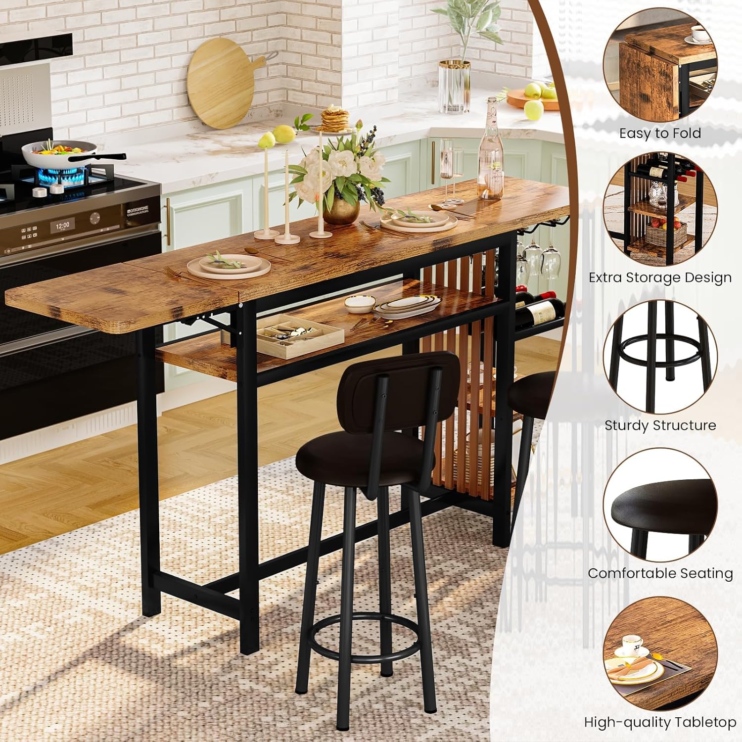 Recaceik Bar Dining Table Set, 59" Expandable Kitchen Counter Height Dining Table Set with Storage Shelves, Cup Holder & Wine Rack, PU Upholstered Stools Bar Table Set with Backrest for Kitchen