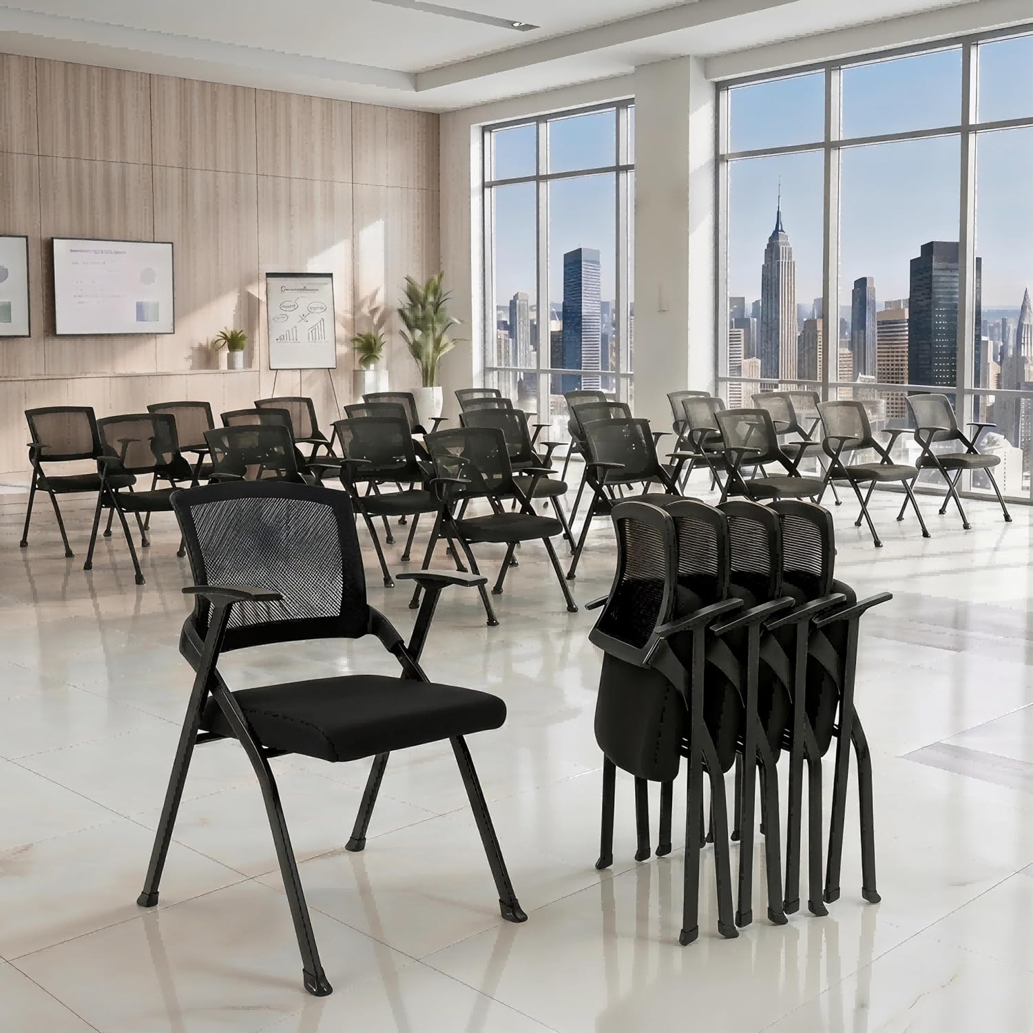 Heavy Duty Folding Office Chair with Breathable Mesh Back - Comfortable Padded Seat & Sturdy Frame for Conference Room, Training,Meeting,Classroom - Stackable Black Guest Reception Chair with Armrests
