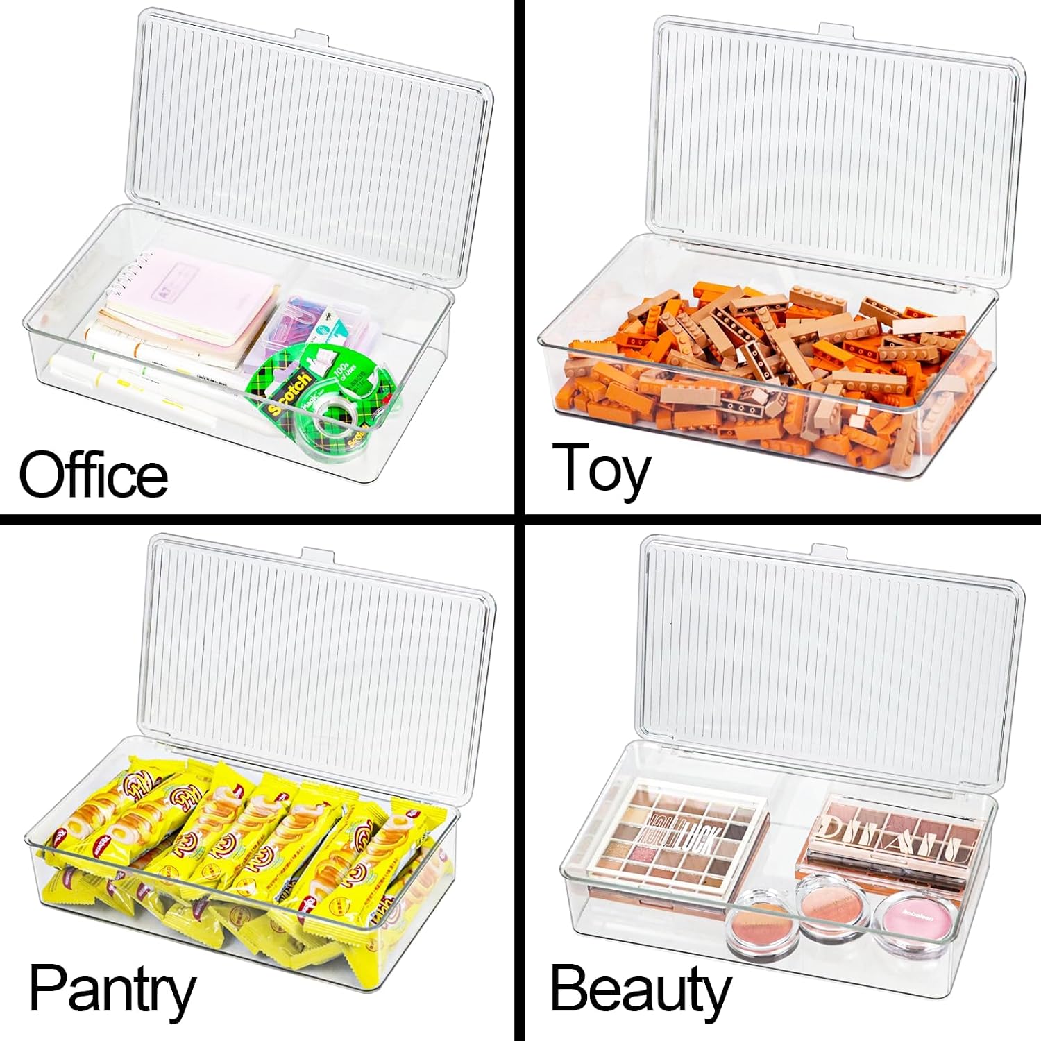 ZEXALOR Clear Plastic Storage Bin with Lid, Organizer for Pantry, Office, Bathroom, Kitchen, Snack, Tea Bag, Coffee Container (Small)
