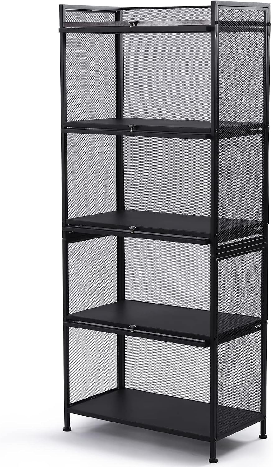 60x32x141.5cm Black Mesh Pantry Rack, 5-Tier Storage Cabinet with Flip-Up Doors, Rolling Wire Shelf Organizer for Kitchen Garage, Narrow Slim Cart on Wheels, Locking Casters, Adjustable Leveling Feet