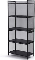 60x32x141.5cm Black Mesh Pantry Rack, 5-Tier Storage Cabinet with Flip-Up Doors, Rolling Wire Shelf Organizer for Kitchen Garage, Narrow Slim Cart on Wheels, Locking Casters, Adjustable Leveling Feet