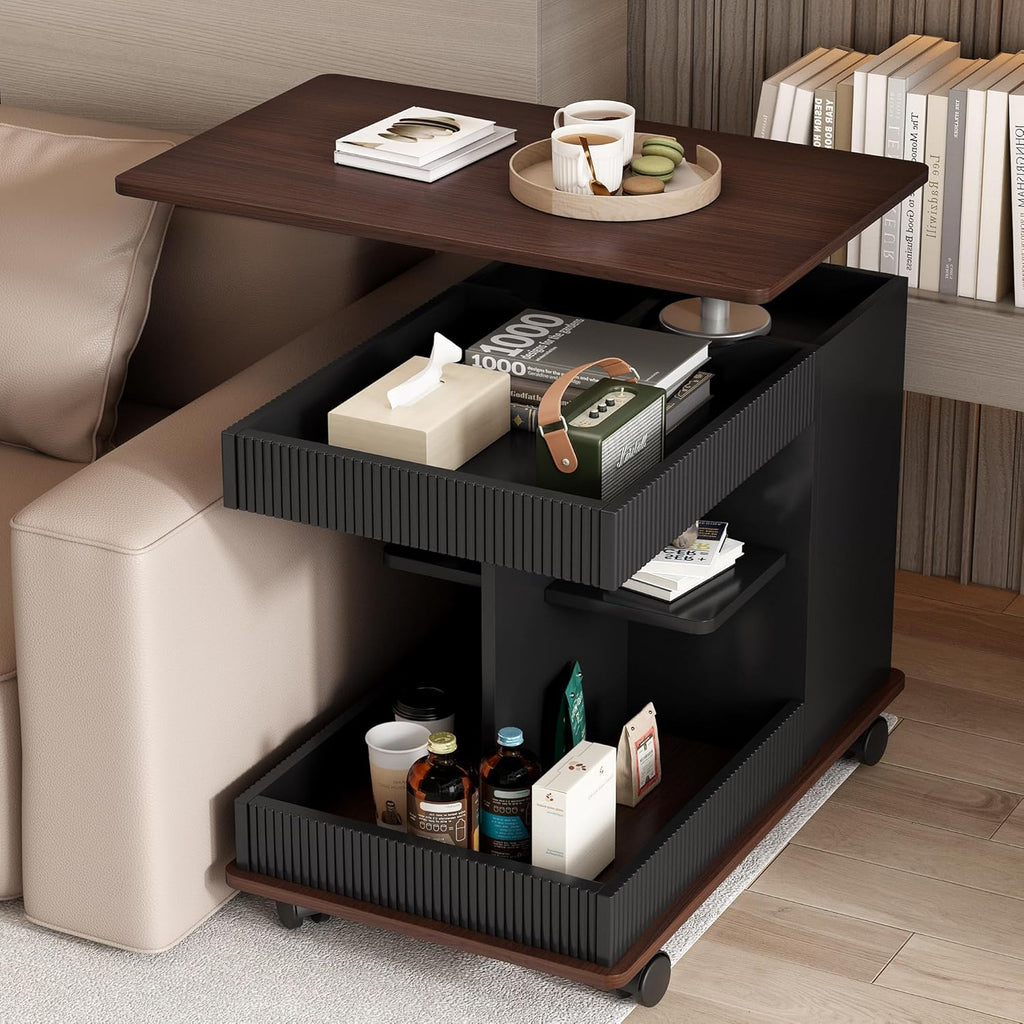Adjustable Side Table with Wheels, 360° Rotating Lift-Top & Storage, Modern Bedside/Sofa Rolling Table for Small Spaces, Living Room Use, Black