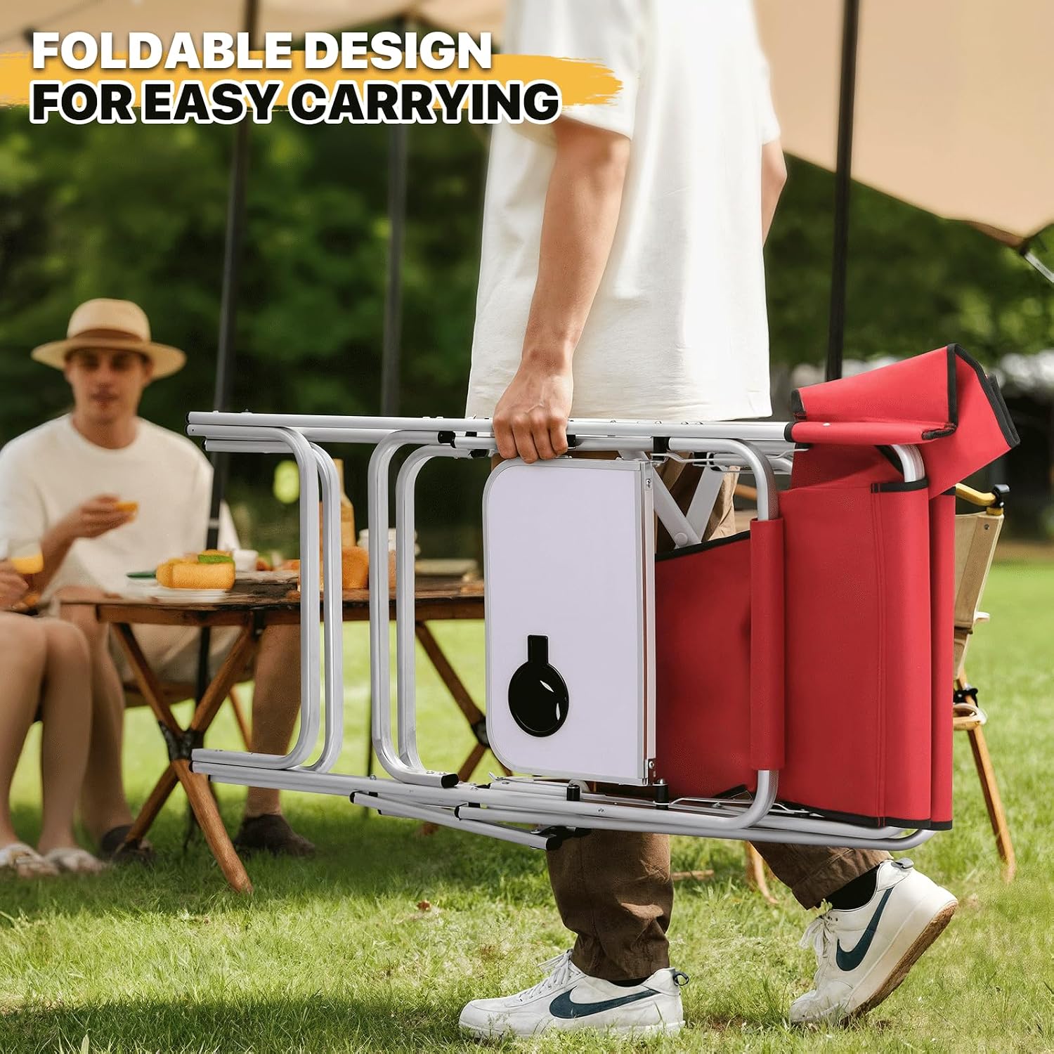 MoNiBloom 44.5" Foldable Tall Director Chair Folding Portable Aluminum Frame Makeup Artist Chair, with Side Table, Cup Holder and Pockets, 250lbs Capacity (Set of 2, Red)