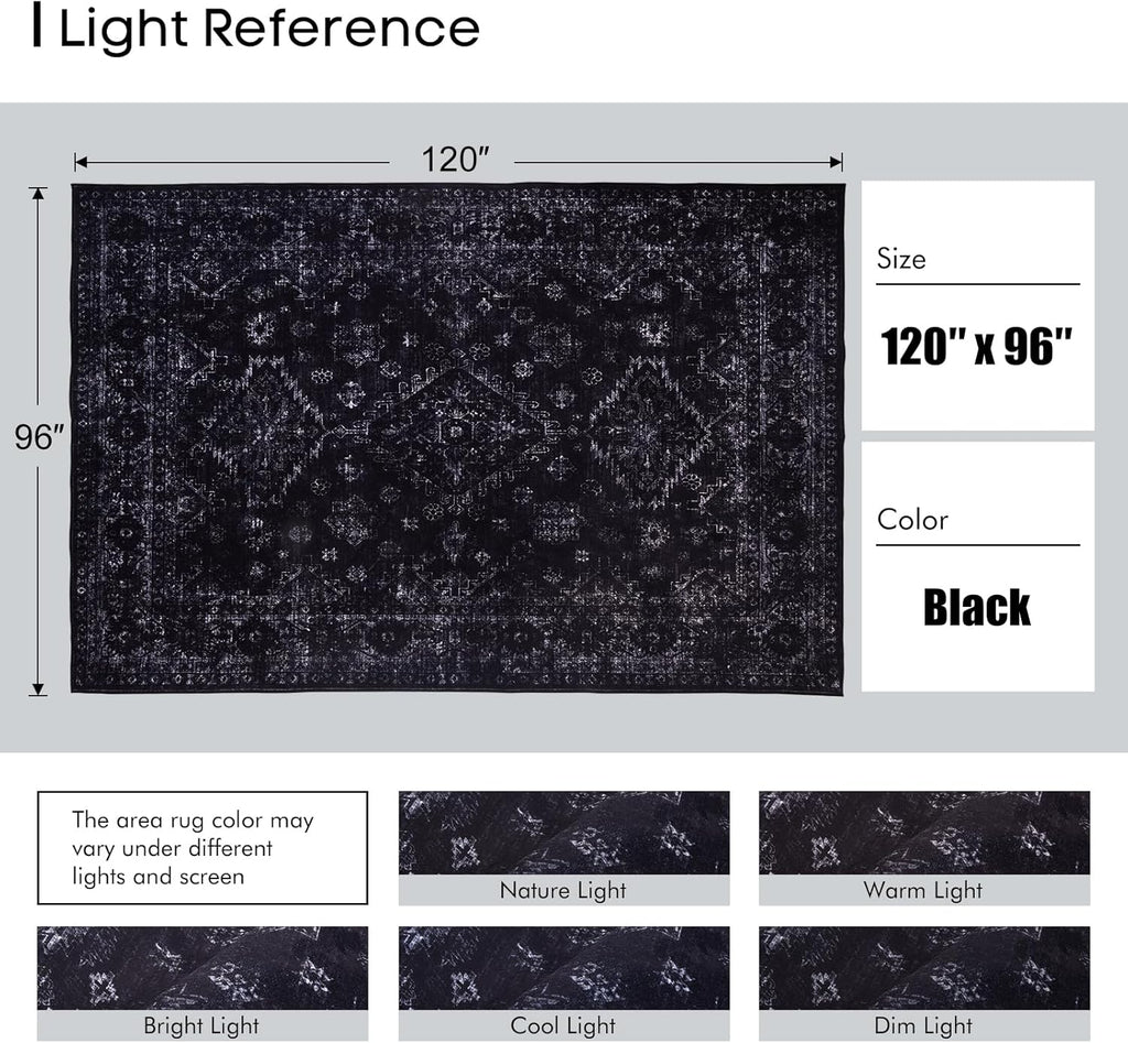 8x10 Area Rugs for Living Room, Machine Washable Rugs, Black Modern Neutral Rug Stain Resistant, Low Pile Non Slip, Boho Large Carpet for Bedroom Dining Room Nursery Dorm Indoor Office-Black 8'x10'