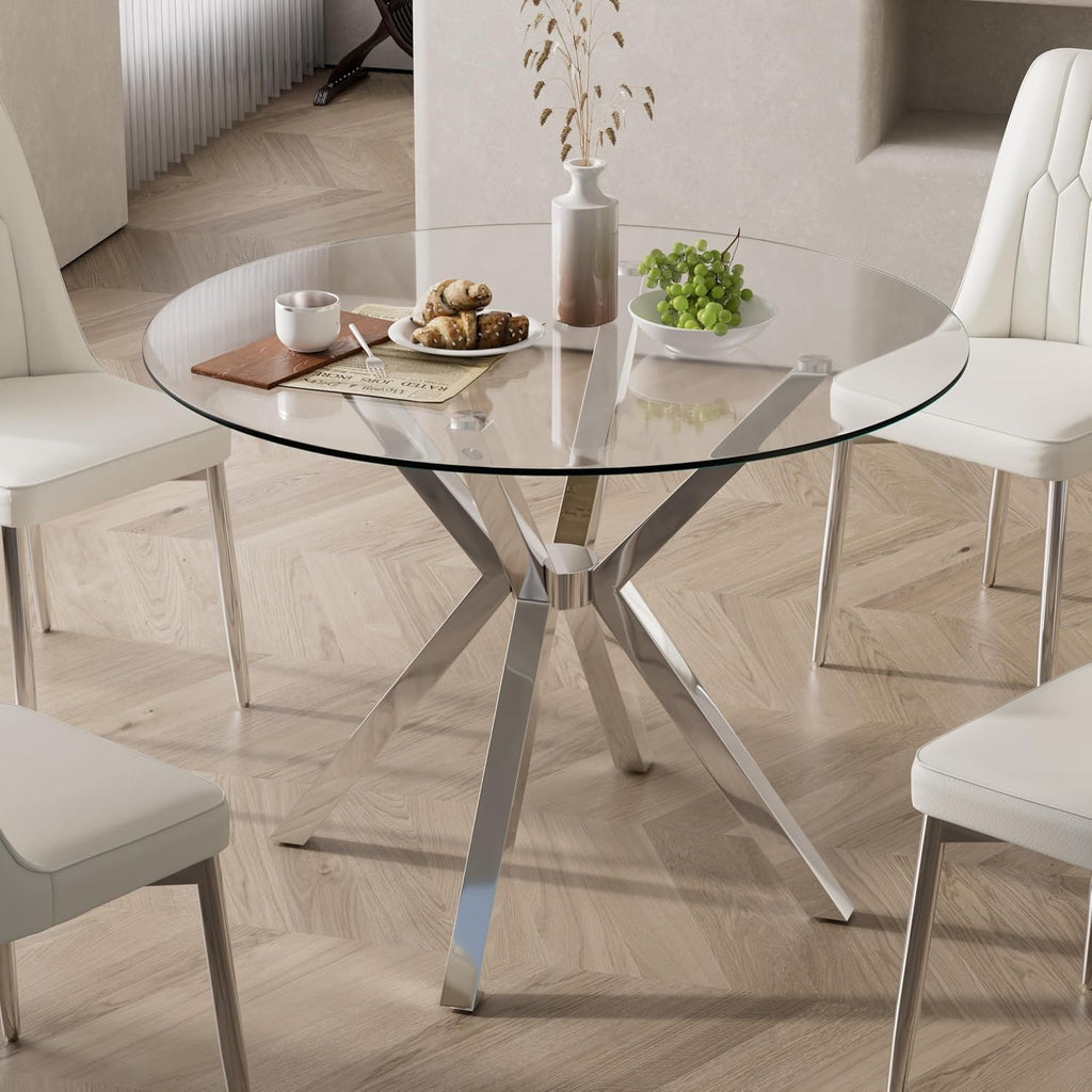 Modern Dining Table, 36 Inch Round Dinner Table for 2-4, Glass Dining Table with Cross Metal Base, Modern Clear Tempered Glass Kitchen Table for Home Dining Room Living Room(Silver Legs)