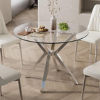 Modern Dining Table, 36 Inch Round Dinner Table for 2-4, Glass Dining Table with Cross Metal Base, Modern Clear Tempered Glass Kitchen Table for Home Dining Room Living Room(Silver Legs)