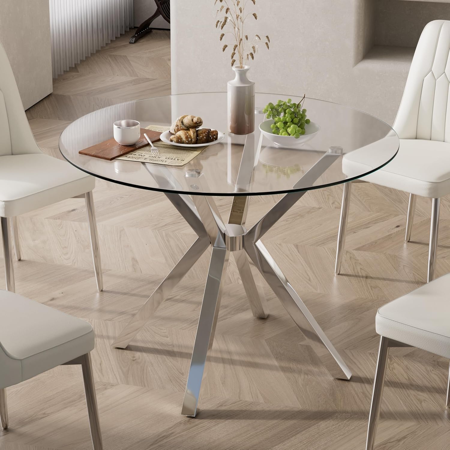Modern Dining Table, 36 Inch Round Dinner Table for 2-4, Glass Dining Table with Cross Metal Base, Modern Clear Tempered Glass Kitchen Table for Home Dining Room Living Room(Silver Legs)