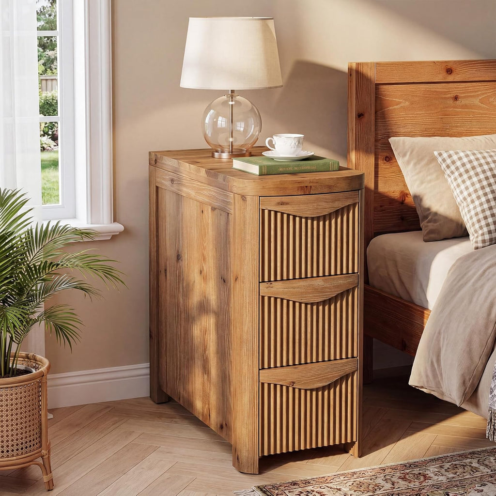 Solid Wood End Table with 3 Drawers, 24" Farmhouse Fluted Narrow Side Table, Slim Sofa Side Table for Small Spaces, Rustic Nightstand with Storage for Living Room Bedroom