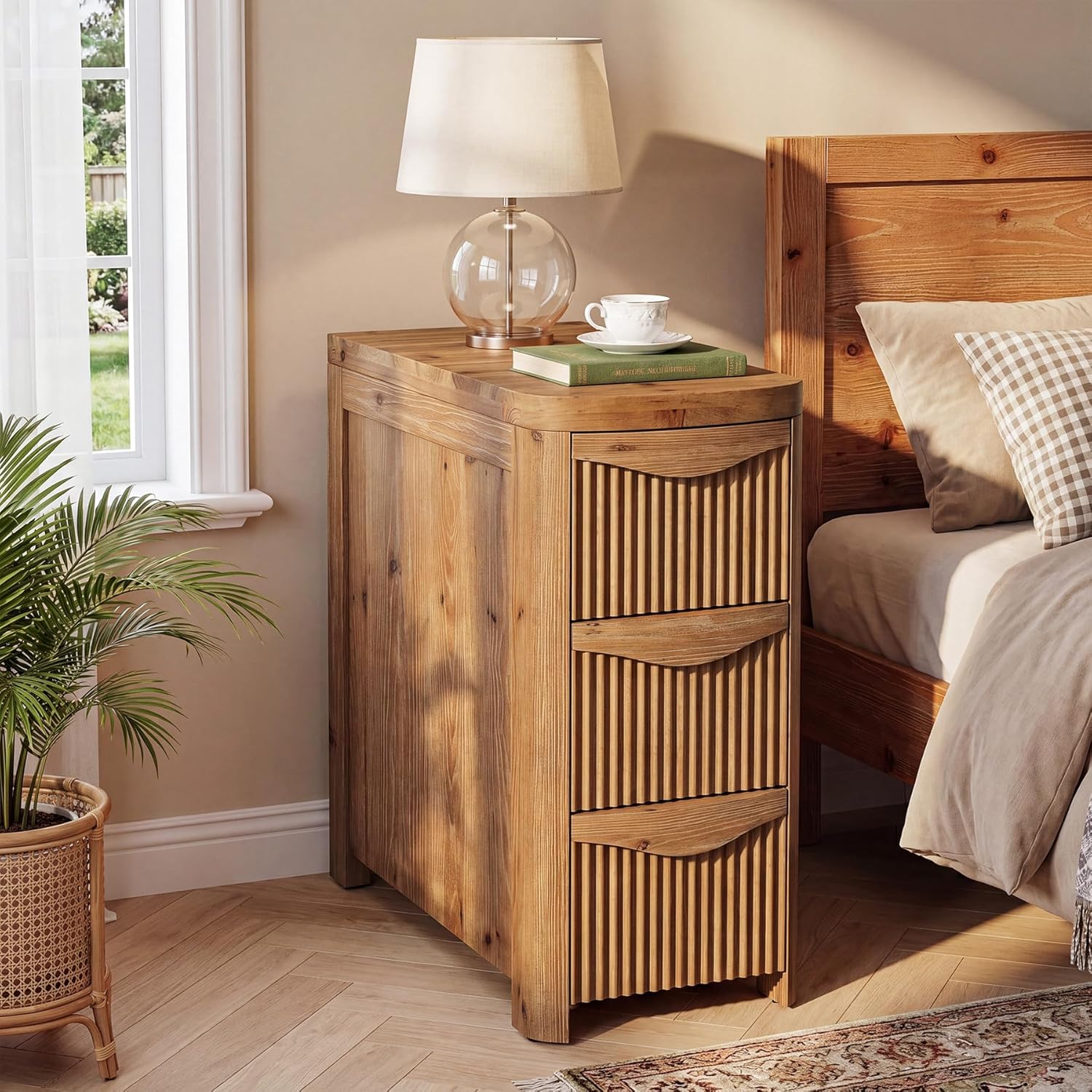 Solid Wood End Table with 3 Drawers, 24" Farmhouse Fluted Narrow Side Table, Slim Sofa Side Table for Small Spaces, Rustic Nightstand with Storage for Living Room Bedroom