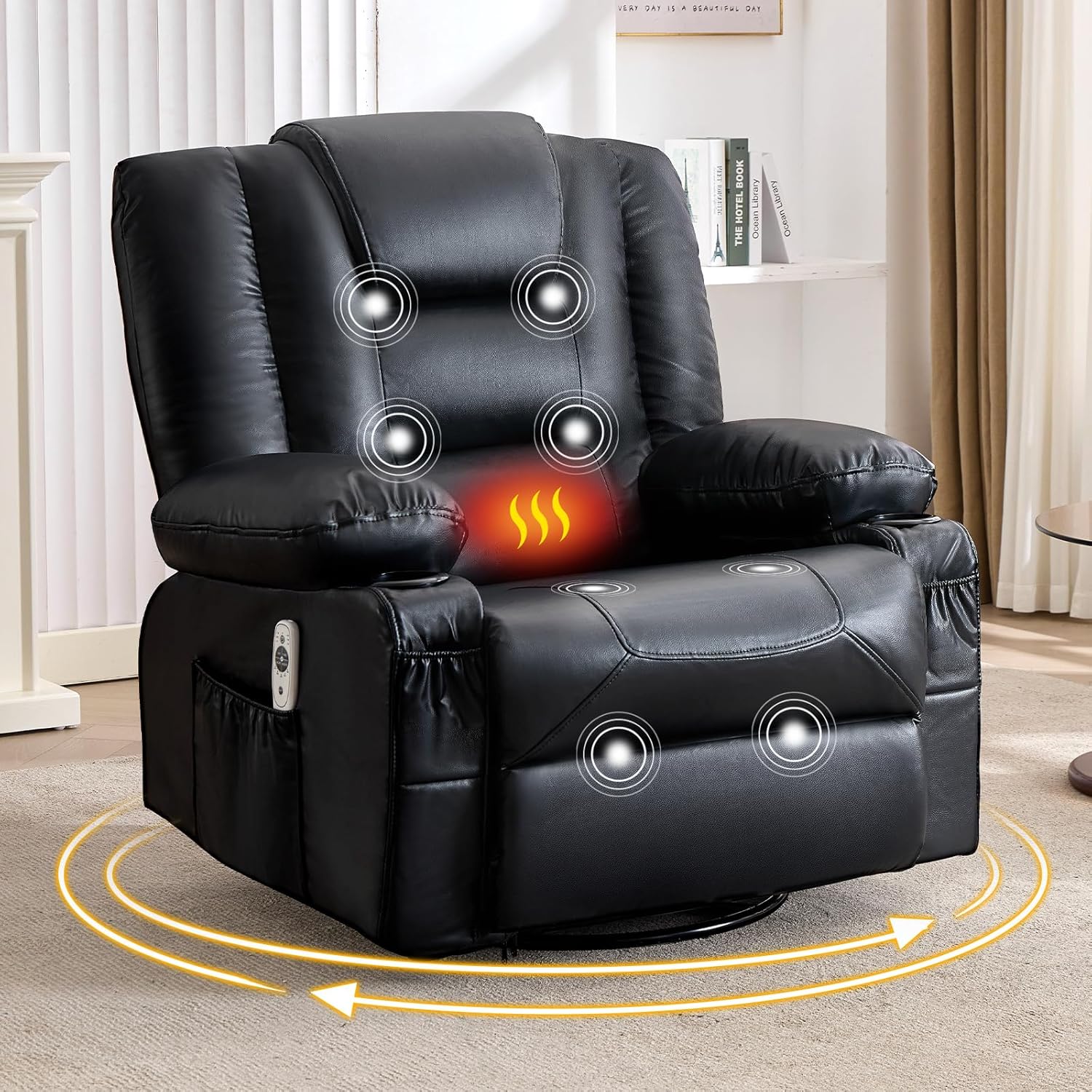 MAHOMICO Swivel Rocker Recliner Chair with Vibration Massage and Heat for Living Room,with Rocking Function and Side Pocket, PU Leather USB Charge Port,2 Cup Holders