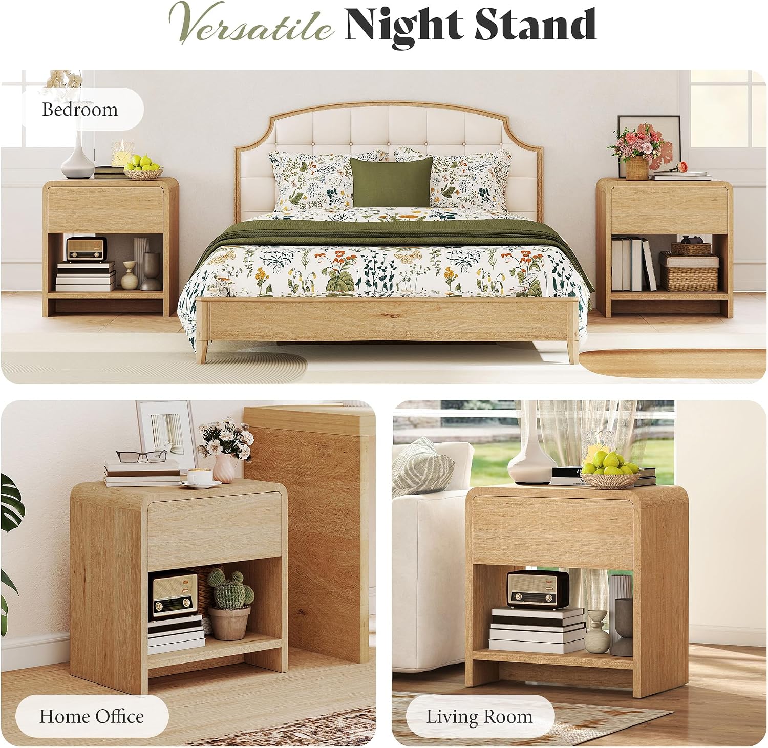 MERLIFE Modern Night Stand Set 2 with Storage Drawer & Open Shelves, Oak | Natural Wood Finish,Curved Top Corners,Smooth Metal Slides,Easy Assembly 30mins,for Bedroom Living Room Sofa Office