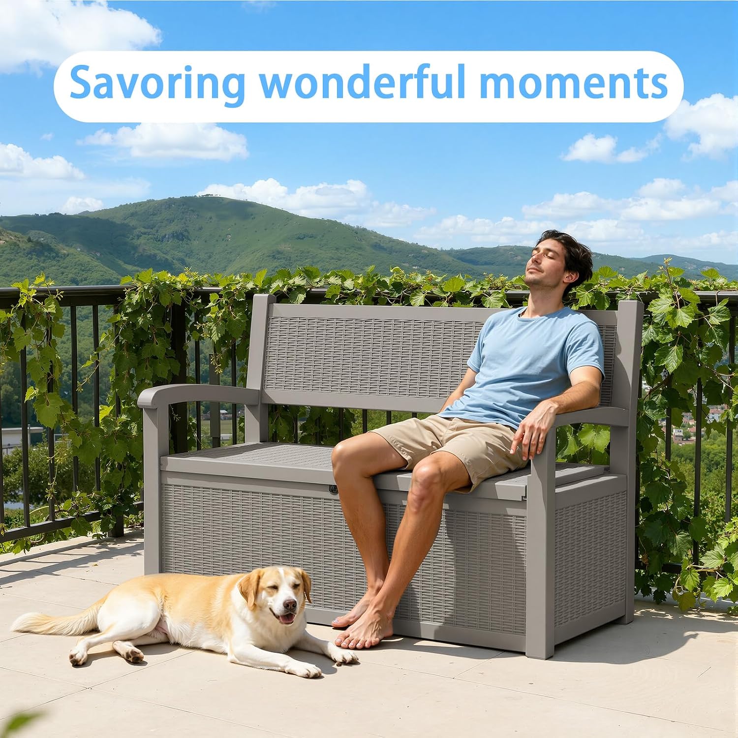 80 Gallon Resin Outdoor Storage Bench, Weatherproof Deck Box with Rattan Texture, 2-3 Person Garden Bench Seating for Patio Furniture, Pool Toys, Cushions, Lockable & 500lbs Capacity, Gray