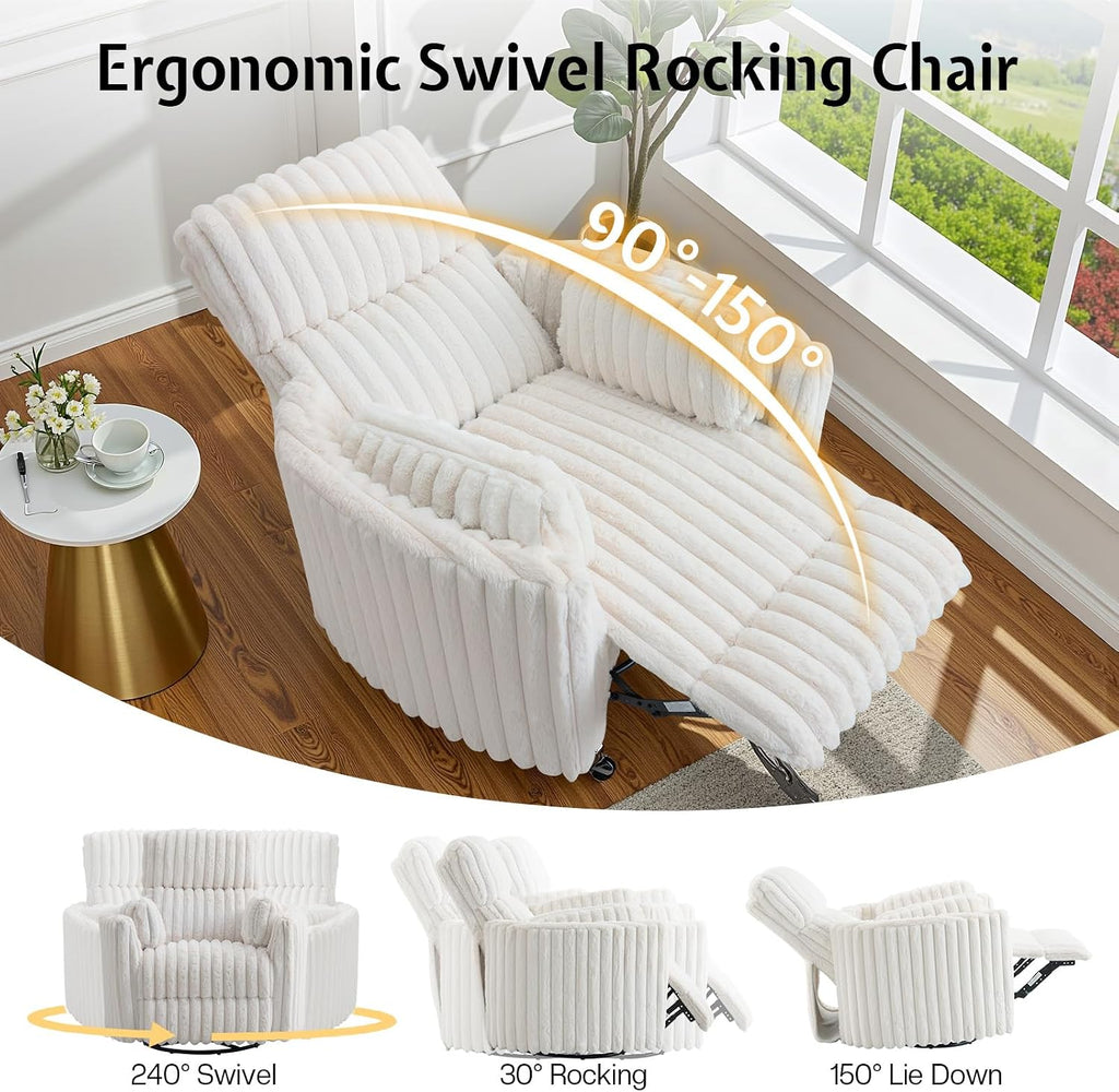 Jocisland Power Rocking Nursery Chair/Swivel Recliner/USB, Cream Corduroy | Oversized Glider Chairs,Corduroy,2 Pillows,USB & Type-C,Reclining Armchair Sofa,Living Room,Bedroom,Nursing