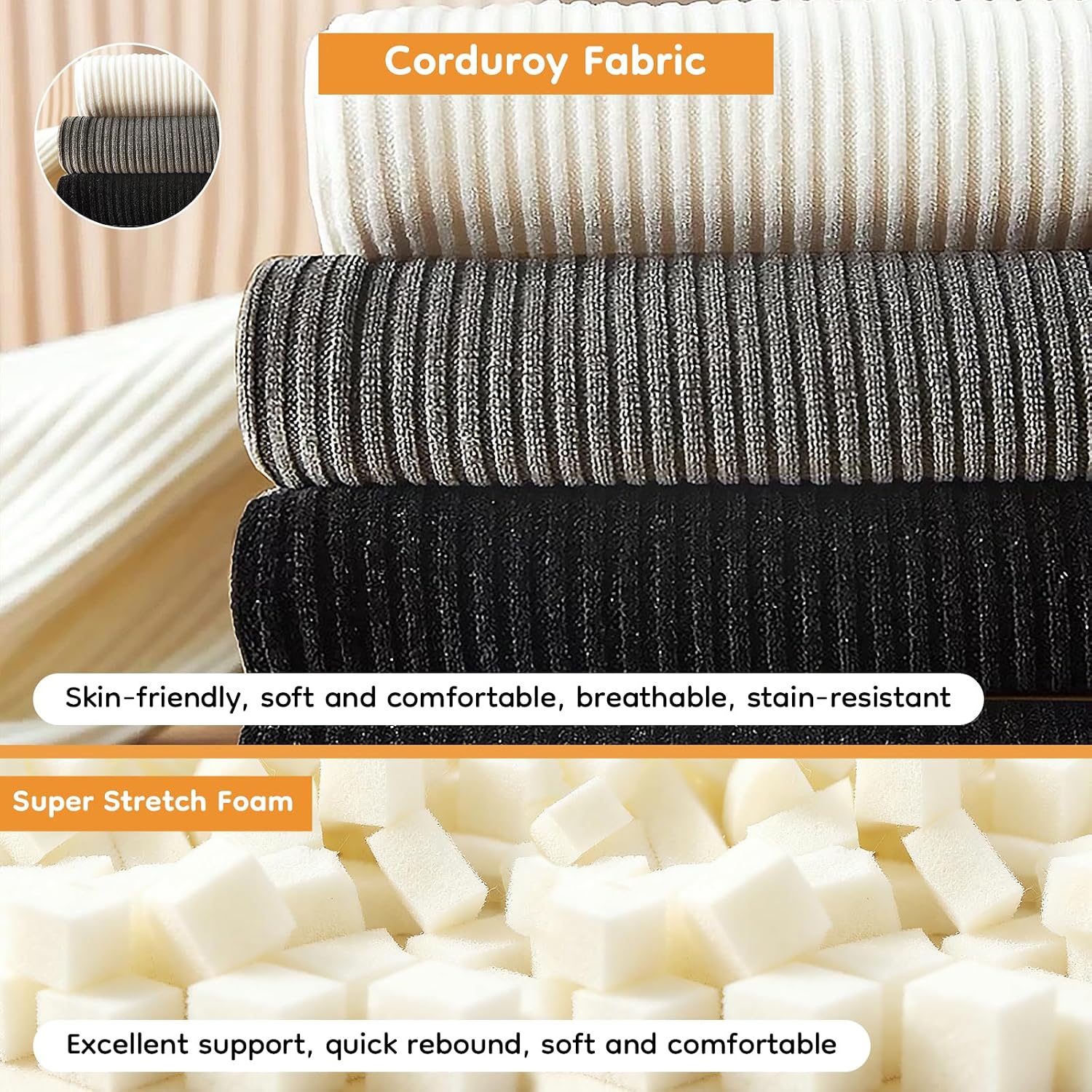 Cloud Large Bean Bag Chair with Ottoman, Corduroy Fabric+35D Memory Foam Big Beanbag Chair for Adults,Lounger Chairs Sofa Boneless Puff Chair for Living Room (Beige) (Black, Clouds)