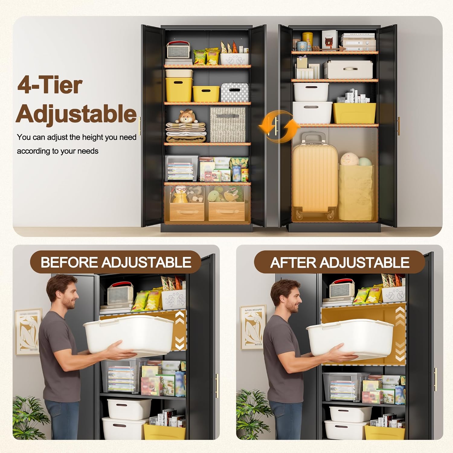 Kitchen Pantry Cabinet, 71”H Metal Storage Cabinet with Doors and 4 Adjustable Shelves, Black Pantry Cabinets for Kitchen, Living Room, Dining Room and Bathroom