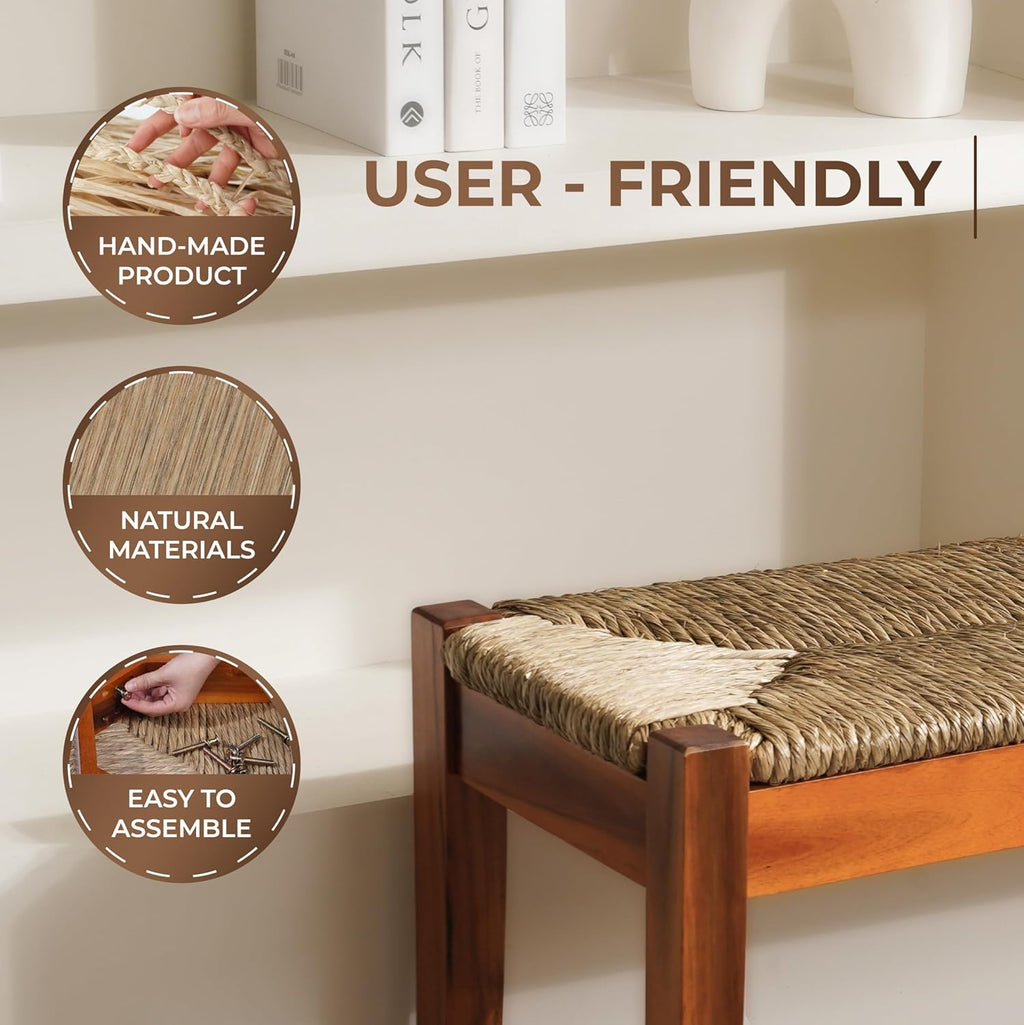 Vintage Entryway Bench, 47 inch Acacia Wood Bench with Woven Seagrass Seat, Entryway Bench, Wicker Bench Indoor for Hallway, End of Bed, Rustic Farmhouse Boho Style, Indoor Decorative Bench (Brown)