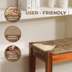 Vintage Entryway Bench, 47 inch Acacia Wood Bench with Woven Seagrass Seat, Entryway Bench, Wicker Bench Indoor for Hallway, End of Bed, Rustic Farmhouse Boho Style, Indoor Decorative Bench (Brown)