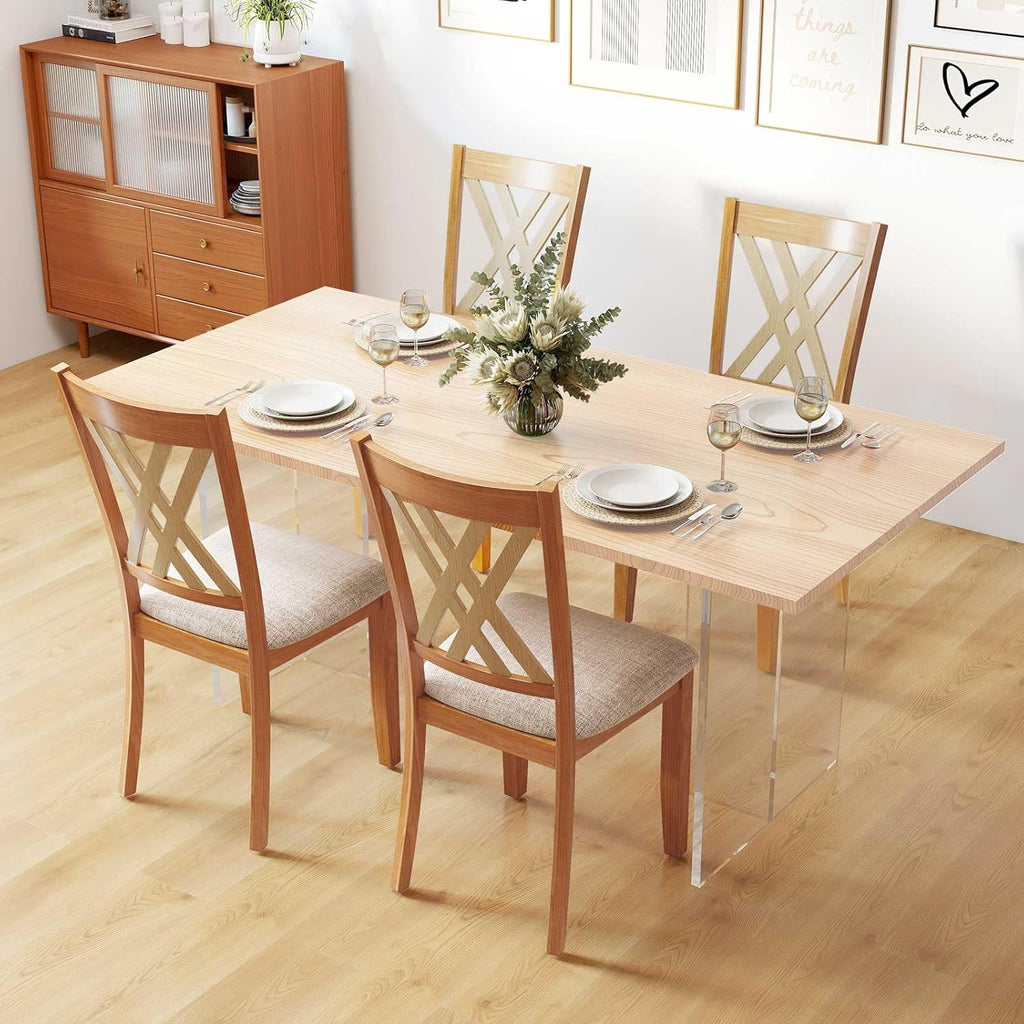 Giantex Wooden Dining Chairs Set of 2, Linen Fabric Upholstered Kitchen Chair w/Rubber Wood Frame, Wide Padded Seat, Curved Cross Back, Farmhouse Side Chairs for Dining Living Room Restaurant